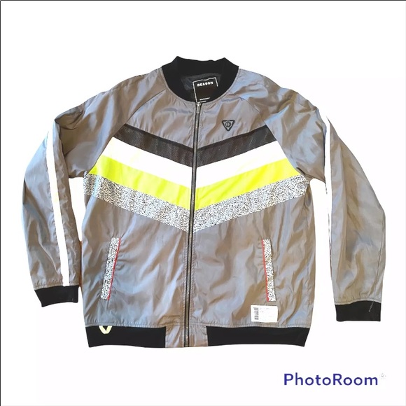 Reason Other - Mens Reason Brand Sz 2XL Windbreaker Jacket Coat Zip Up Gray Stripe Logo Pockets